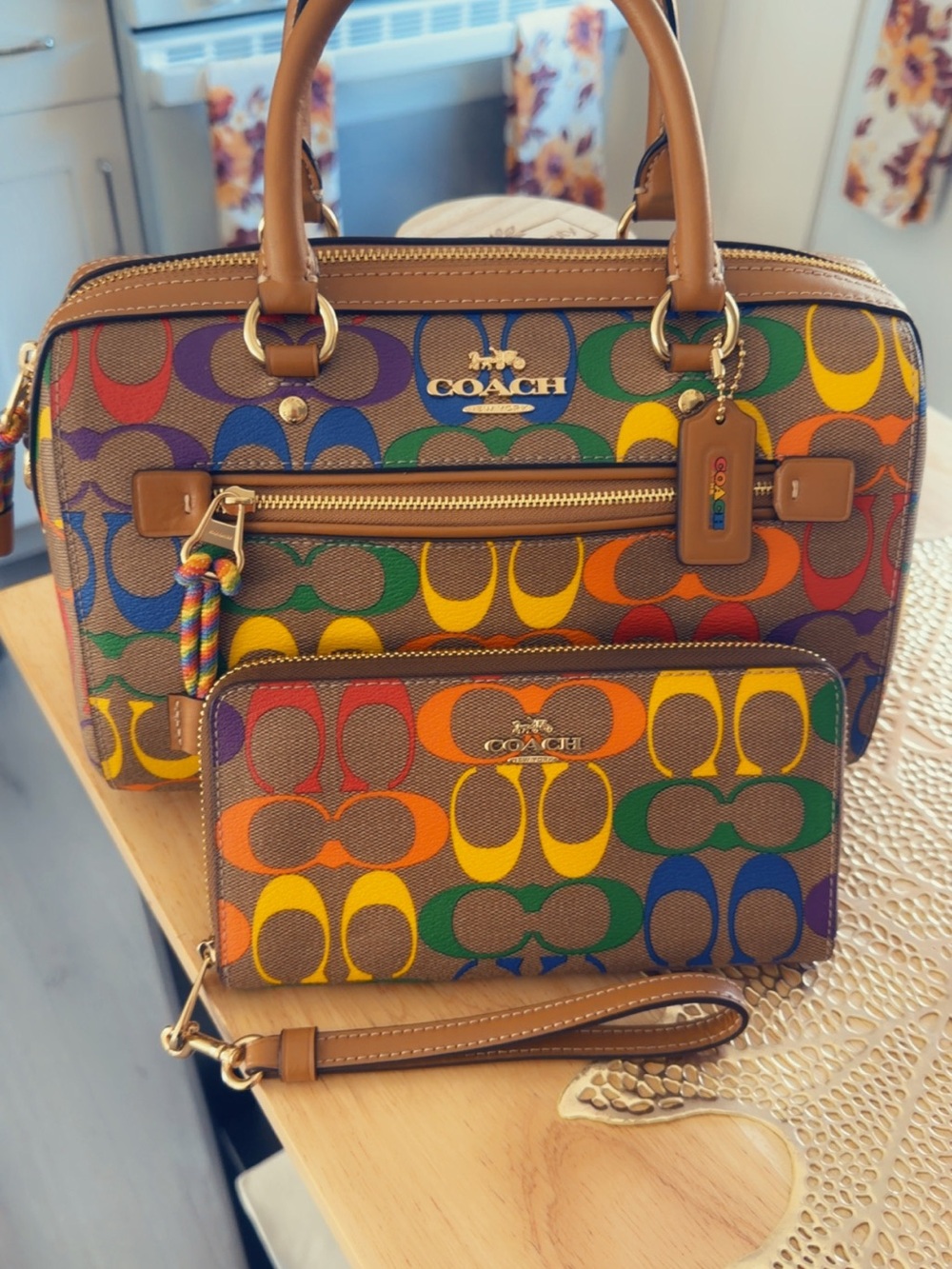 COACH Multicolor Signature Rainbow Satchel with Wristlet - Tan Trim